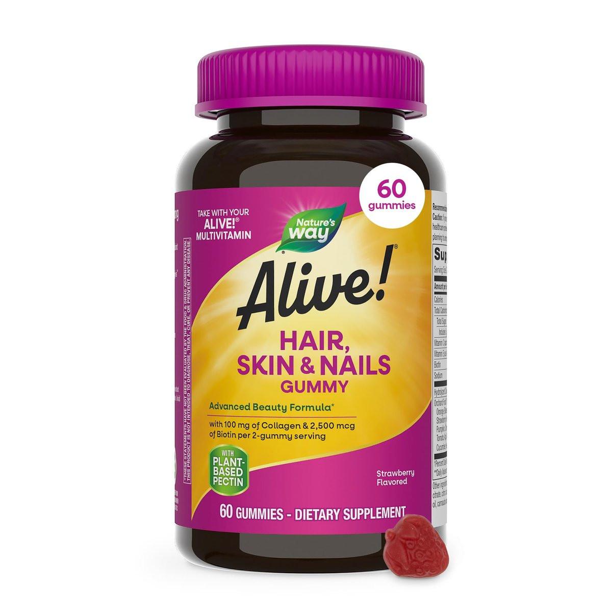 Nature's Way Alive! Haut, Haare & Nägel Gummibärchen mit Kollagen und Biotin – Fortschrittliche Beauty-Formel mit Antioxidantien Vitamin C & E – Erdbeergeschmack – 60 Gummibärchen