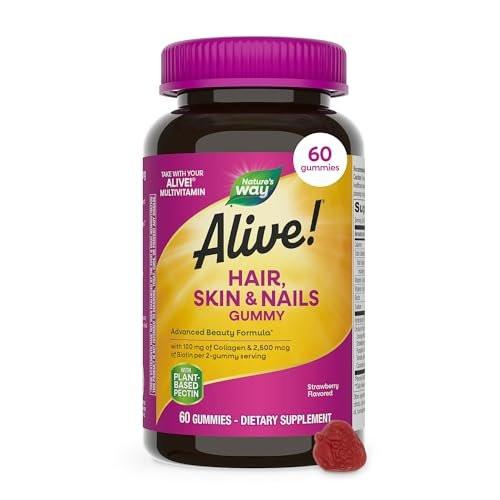 Nature's Way Alive! Haut, Haare & Nägel Gummibärchen mit Kollagen und Biotin – Fortschrittliche Beauty-Formel mit Antioxidantien Vitamin C & E – Erdbeergeschmack – 60 Gummibärchen
