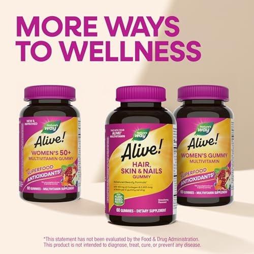 Nature's Way Alive! Haut, Haare & Nägel Gummibärchen mit Kollagen und Biotin – Fortschrittliche Beauty-Formel mit Antioxidantien Vitamin C & E – Erdbeergeschmack – 60 Gummibärchen
