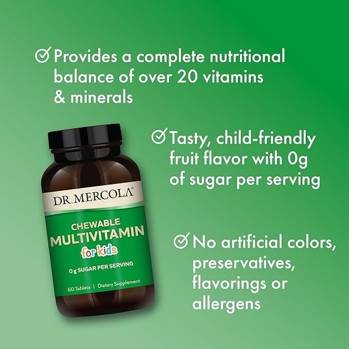 Dr. Mercola Kauen Multivitamin für Kinder - 28 Vitamine & Mineralstoffe - 0g Zucker - Nicht-GVO, glutenfrei & sojafrei - Natürlicher Orangen-Geschmack - 60 Tabletten