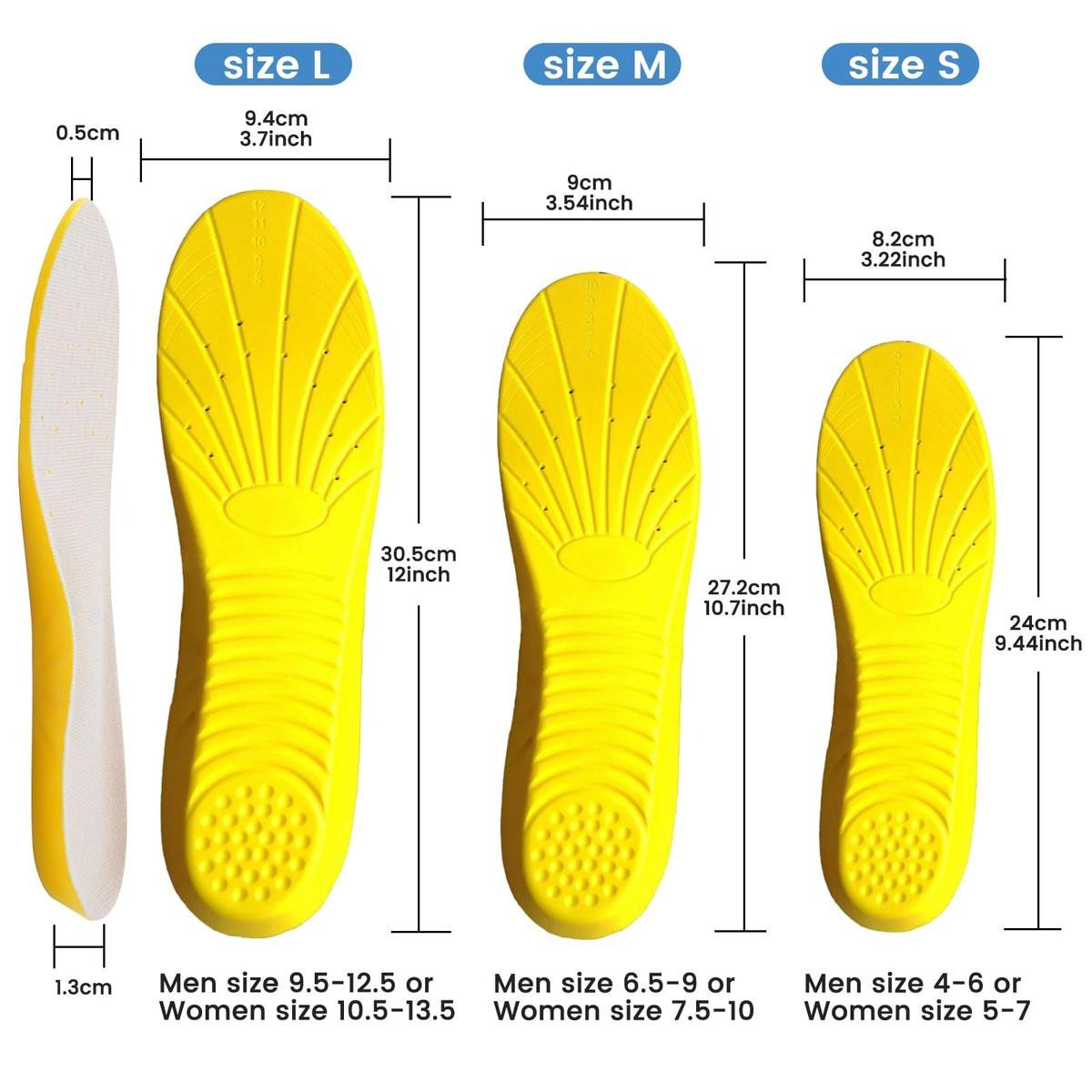 Amitataha Memory Foam Einlegesohlen – Gelbe Stoßdämpfende Schuheinlagen für Herren und Damen, Größe M (US M: 6.5-9 / W: 7.5-10)
