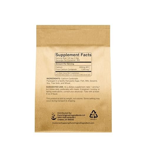 Pure Original Ingredients Calciumcarbonat (500 g) - Nahrungsergänzungsmittel, Lebensmittelkonservierungsmittel, Säureneutralisator