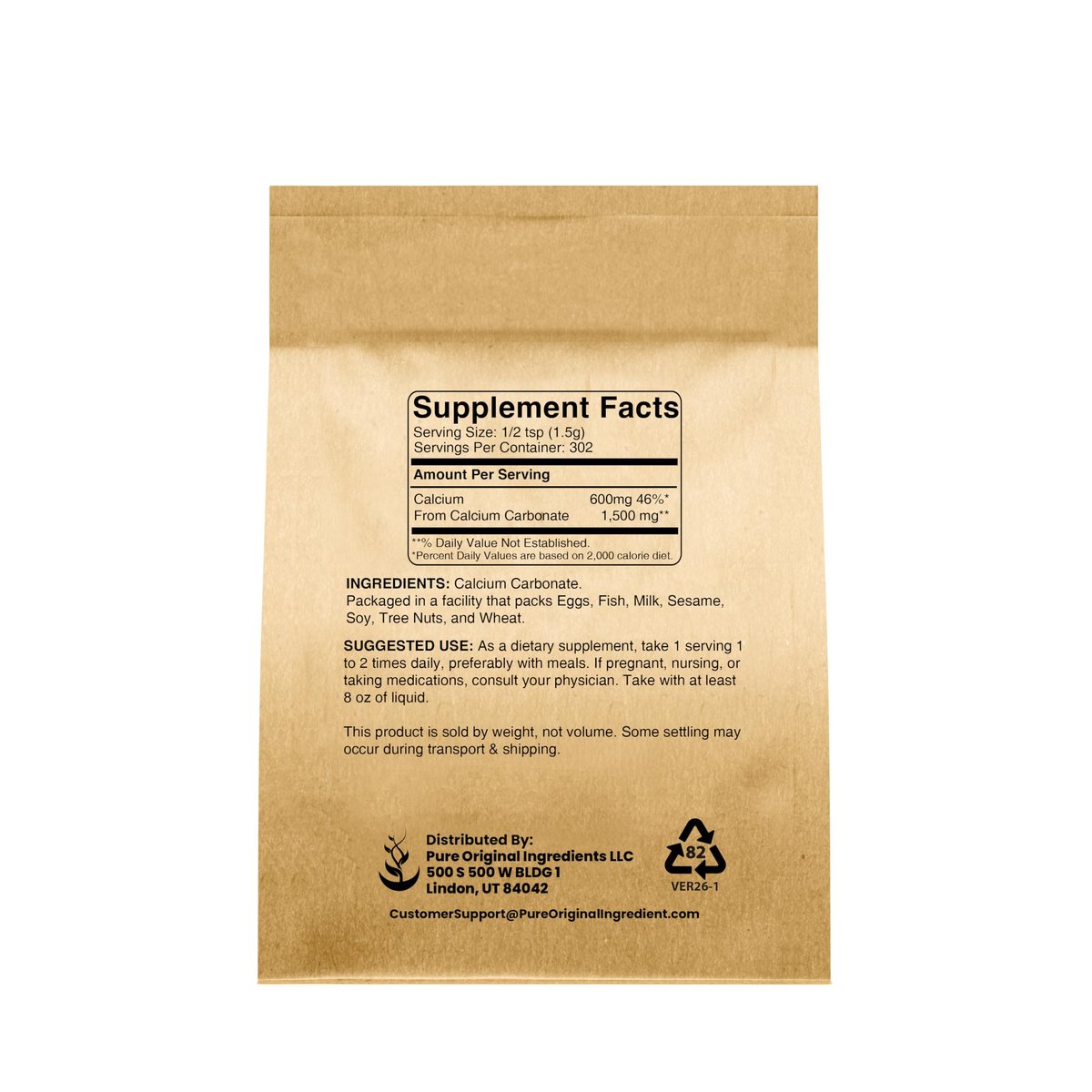 Pure Original Ingredients Calciumcarbonat (500 g) - Nahrungsergänzungsmittel, Lebensmittelkonservierungsmittel, Säureneutralisator