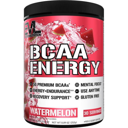 Evlution EVL BCAAs Aminosäuren Pulver - BCAA Energie Pre Workout Pulver für Muskelregeneration, schlankes Wachstum und Ausdauer - Rehydrierendes Post Workout Recovery Getränk mit natürlichem Koffein - Wassermelone