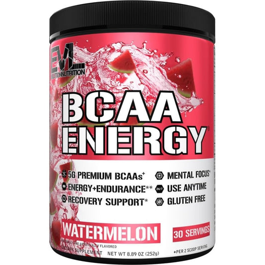 Evlution EVL BCAAs Aminosäuren Pulver - BCAA Energie Pre Workout Pulver für Muskelregeneration, schlankes Wachstum und Ausdauer - Rehydrierendes Post Workout Recovery Getränk mit natürlichem Koffein - Wassermelone