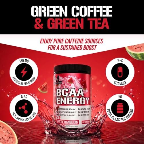 Evlution EVL BCAAs Aminosäuren Pulver - BCAA Energie Pre Workout Pulver für Muskelregeneration, schlankes Wachstum und Ausdauer - Rehydrierendes Post Workout Recovery Getränk mit natürlichem Koffein - Wassermelone