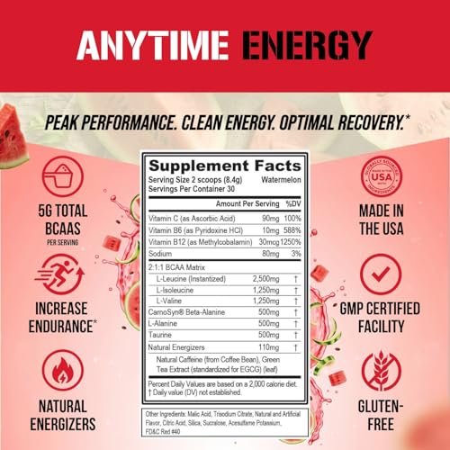 Evlution EVL BCAAs Aminosäuren Pulver - BCAA Energie Pre Workout Pulver für Muskelregeneration, schlankes Wachstum und Ausdauer - Rehydrierendes Post Workout Recovery Getränk mit natürlichem Koffein - Wassermelone