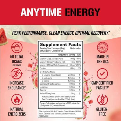 Evlution EVL BCAAs Aminosäuren Pulver - BCAA Energie Pre Workout Pulver für Muskelregeneration, schlankes Wachstum und Ausdauer - Rehydrierendes Post Workout Recovery Getränk mit natürlichem Koffein - Wassermelone