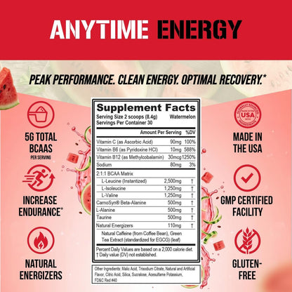 Evlution EVL BCAAs Aminosäuren Pulver - BCAA Energie Pre Workout Pulver für Muskelregeneration, schlankes Wachstum und Ausdauer - Rehydrierendes Post Workout Recovery Getränk mit natürlichem Koffein - Wassermelone