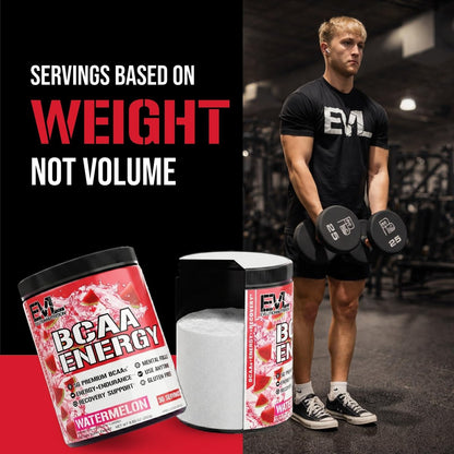Evlution EVL BCAAs Aminosäuren Pulver - BCAA Energie Pre Workout Pulver für Muskelregeneration, schlankes Wachstum und Ausdauer - Rehydrierendes Post Workout Recovery Getränk mit natürlichem Koffein - Wassermelone