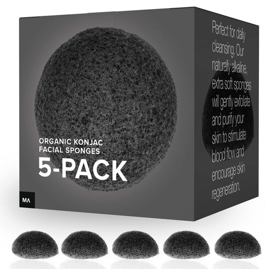 Minamul Konjac Peeling-Gesichtsschwamm-Set, Organisch, 5er-Pack, Sanftes tägliches Peeling, Aktivkohle, Für fettige, trockene, Misch- oder empfindliche Haut, Make-up-Entferner