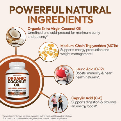 Arazo Nutrition Bio-Kokosöl 2000 mg pro Portion – 100% natives, kaltgepresstes, extra natives Kokosöl für Gewichtsunterstützung, Haut, Haare, Nägel – 120 Weichkapseln