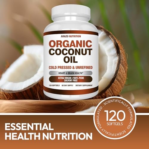 Arazo Nutrition Bio-Kokosöl 2000 mg pro Portion – 100% natives, kaltgepresstes, extra natives Kokosöl für Gewichtsunterstützung, Haut, Haare, Nägel – 120 Weichkapseln