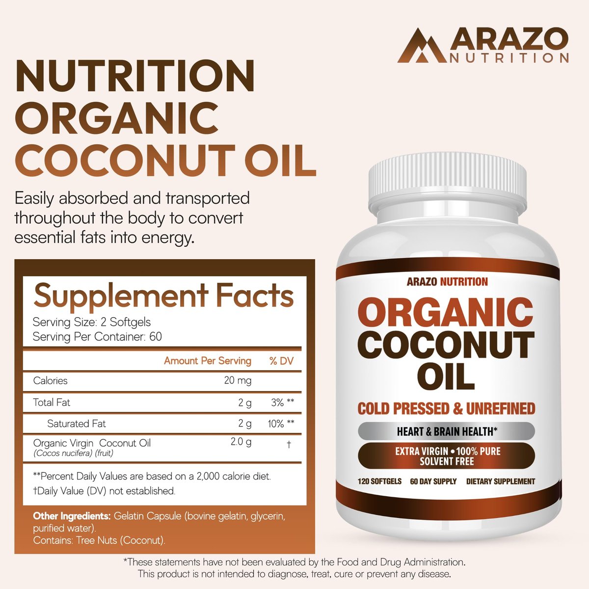 Arazo Nutrition Bio-Kokosöl 2000 mg pro Portion – 100% natives, kaltgepresstes, extra natives Kokosöl für Gewichtsunterstützung, Haut, Haare, Nägel – 120 Weichkapseln