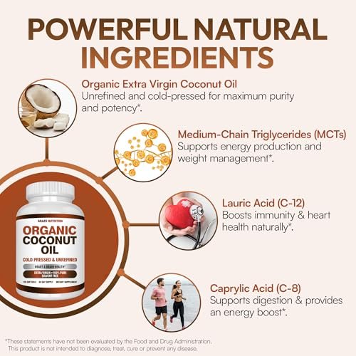 Arazo Nutrition Bio-Kokosöl 2000 mg pro Portion – 100% natives, kaltgepresstes, extra natives Kokosöl für Gewichtsunterstützung, Haut, Haare, Nägel – 120 Weichkapseln