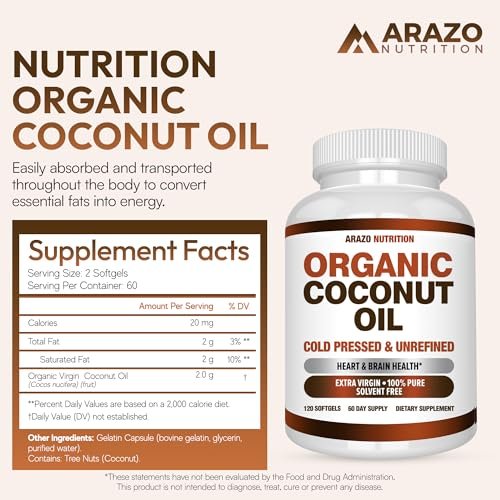 Arazo Nutrition Bio-Kokosöl 2000 mg pro Portion – 100% natives, kaltgepresstes, extra natives Kokosöl für Gewichtsunterstützung, Haut, Haare, Nägel – 120 Weichkapseln