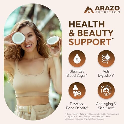 Arazo Nutrition Bio-Kokosöl 2000 mg pro Portion – 100% natives, kaltgepresstes, extra natives Kokosöl für Gewichtsunterstützung, Haut, Haare, Nägel – 120 Weichkapseln