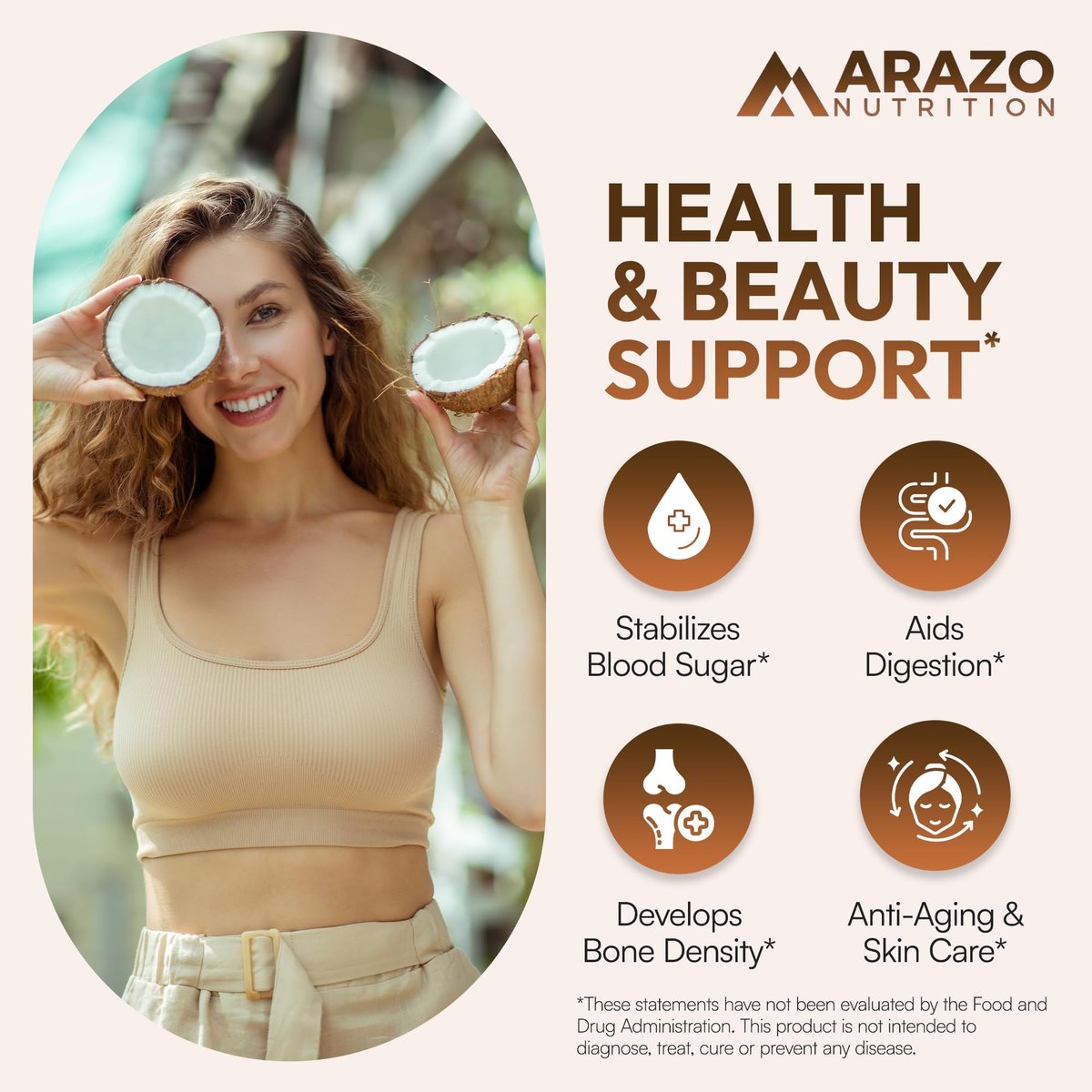 Arazo Nutrition Bio-Kokosöl 2000 mg pro Portion – 100% natives, kaltgepresstes, extra natives Kokosöl für Gewichtsunterstützung, Haut, Haare, Nägel – 120 Weichkapseln