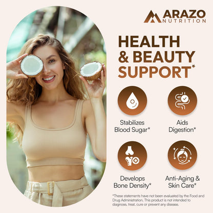 Arazo Nutrition Bio-Kokosöl 2000 mg pro Portion – 100% natives, kaltgepresstes, extra natives Kokosöl für Gewichtsunterstützung, Haut, Haare, Nägel – 120 Weichkapseln