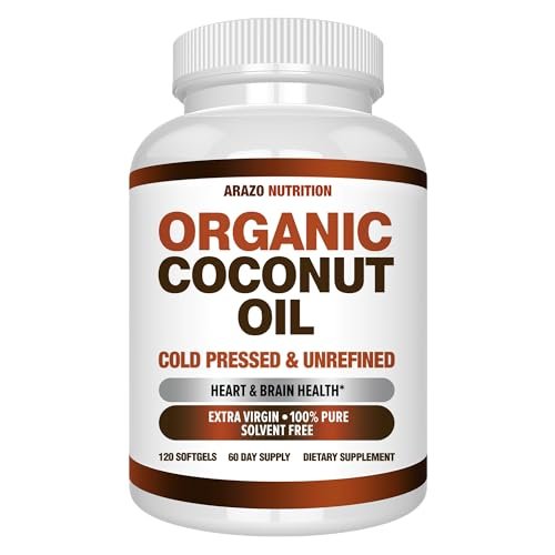 Arazo Nutrition Bio-Kokosöl 2000 mg pro Portion – 100% natives, kaltgepresstes, extra natives Kokosöl für Gewichtsunterstützung, Haut, Haare, Nägel – 120 Weichkapseln