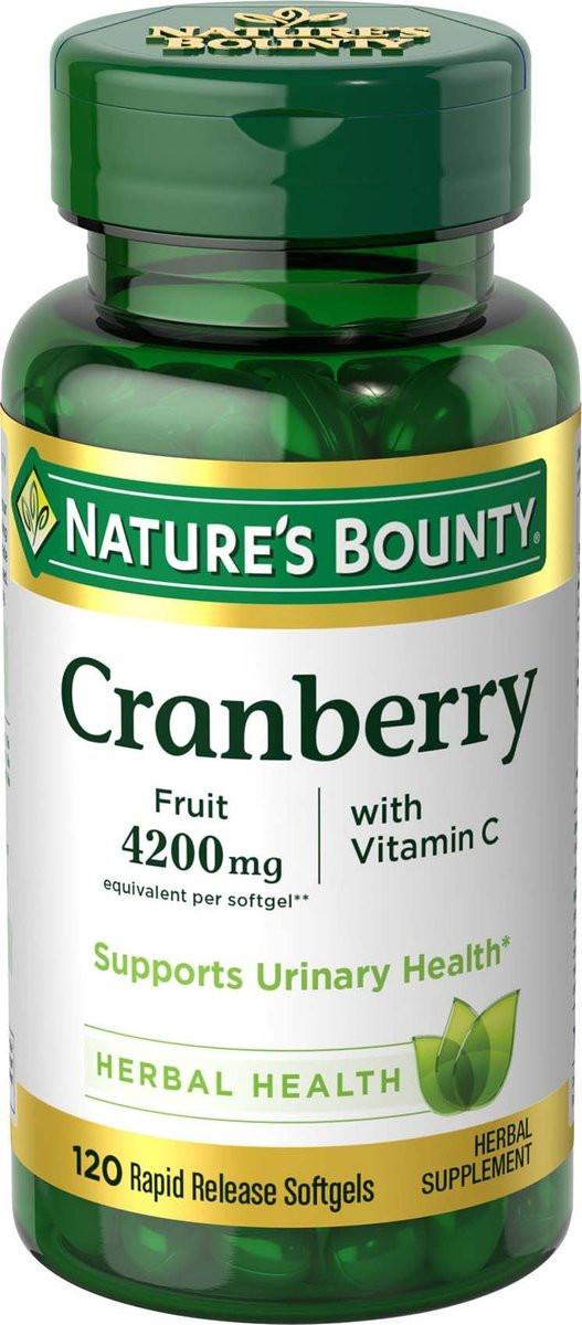 Nature's Bounty Cranberry Kapseln für die Harnwegsgesundheit der Frau, Cranberry-Präparat mit Konzentrat und Vitamin C, 120 Weichkapseln