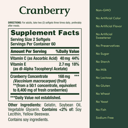 Nature's Bounty Cranberry Kapseln für die Harnwegsgesundheit der Frau, Cranberry-Präparat mit Konzentrat und Vitamin C, 120 Weichkapseln
