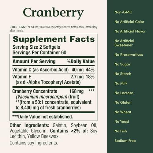 Nature's Bounty Cranberry Kapseln für die Harnwegsgesundheit der Frau, Cranberry-Präparat mit Konzentrat und Vitamin C, 120 Weichkapseln
