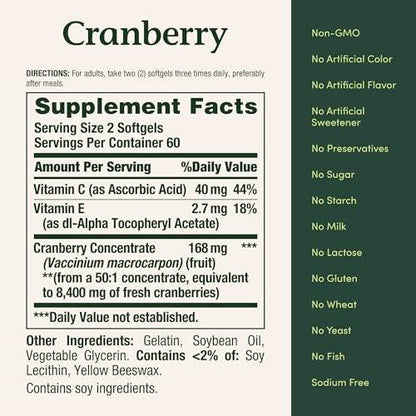 Nature's Bounty Cranberry Kapseln für die Harnwegsgesundheit der Frau, Cranberry-Präparat mit Konzentrat und Vitamin C, 120 Weichkapseln
