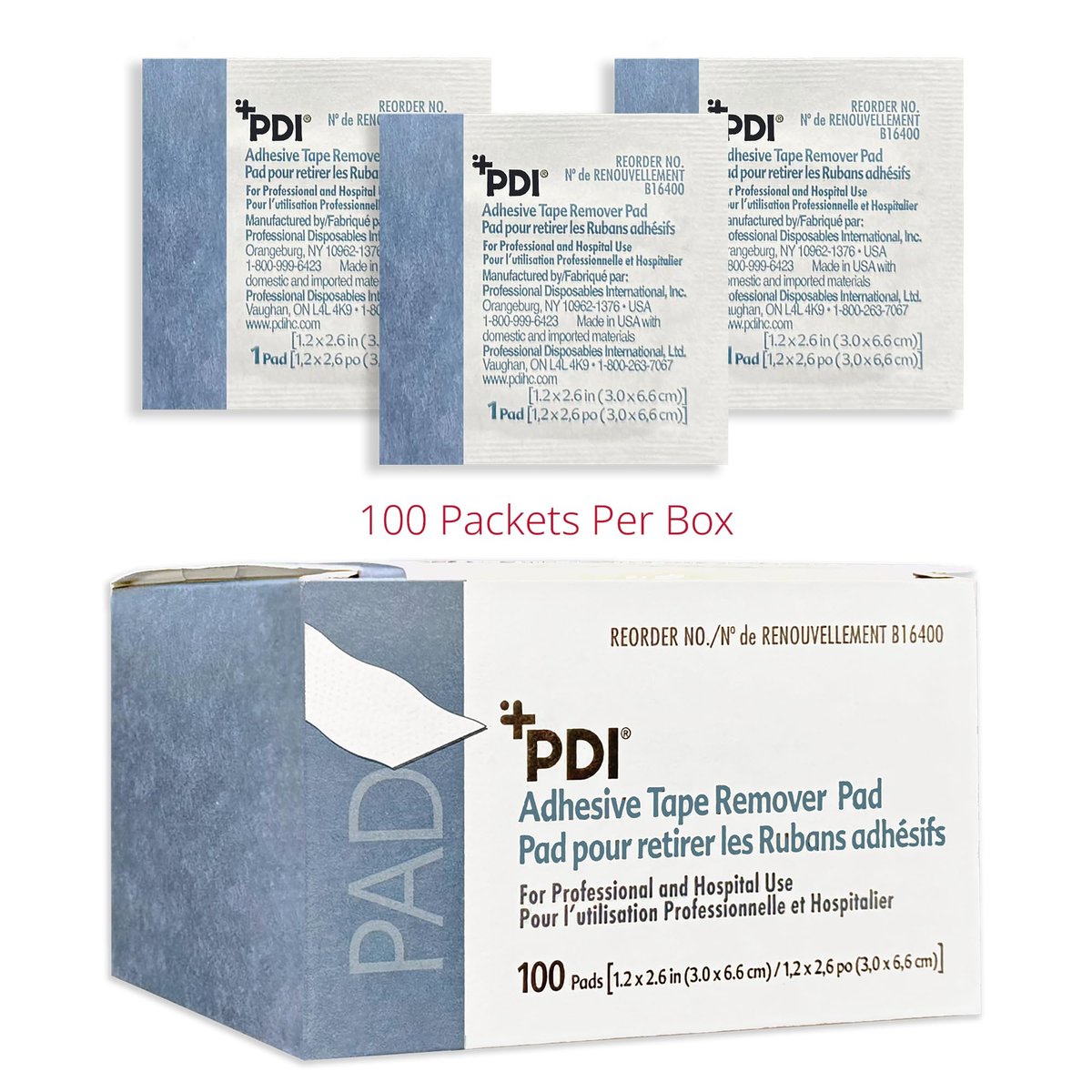 PDI Healthcare B16400 Klebebandentferner-Pads, 3,0 cm Breite, 6,6 cm Länge, Packung mit 100 Stück