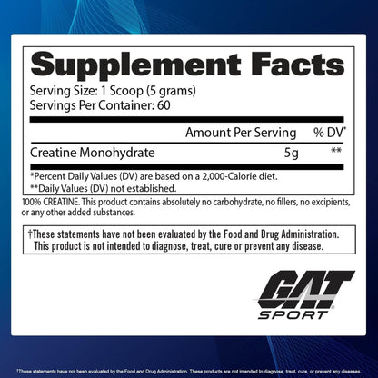 GAT SPORT Kreatin Monohydrat Pulver – für Kraft, Gehirngesundheit, Antioxidans, Ausdauer – für Männer & Frauen, ungesüßt (60 Portionen)