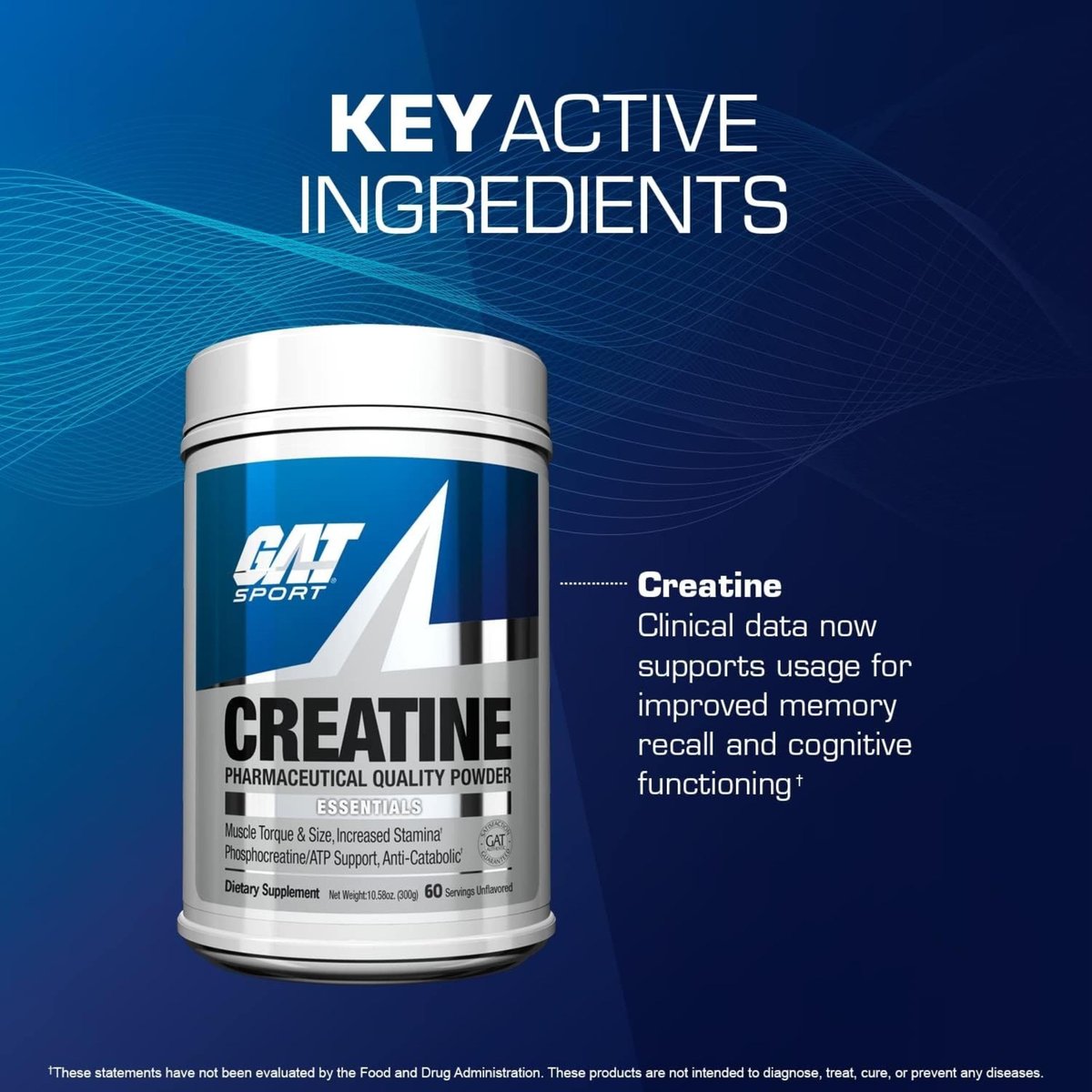 GAT SPORT Kreatin Monohydrat Pulver – für Kraft, Gehirngesundheit, Antioxidans, Ausdauer – für Männer & Frauen, ungesüßt (60 Portionen)