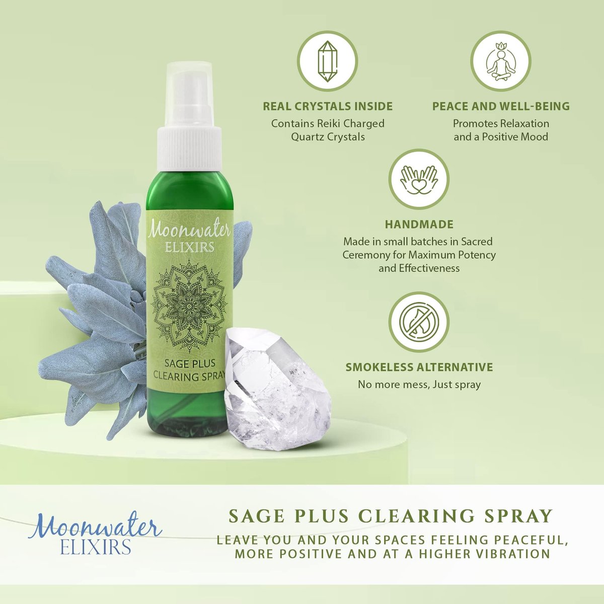 White Sage Smudge Spray für spirituelle Reinigung & Aura-Schutz – Salbeinebel zur Reinigung negativer Energie & Schutz, für Zuhause & Meditation, mit Bergkristall Reiki-energetisiertes Aromatherapie-Raumspray – 118 ml