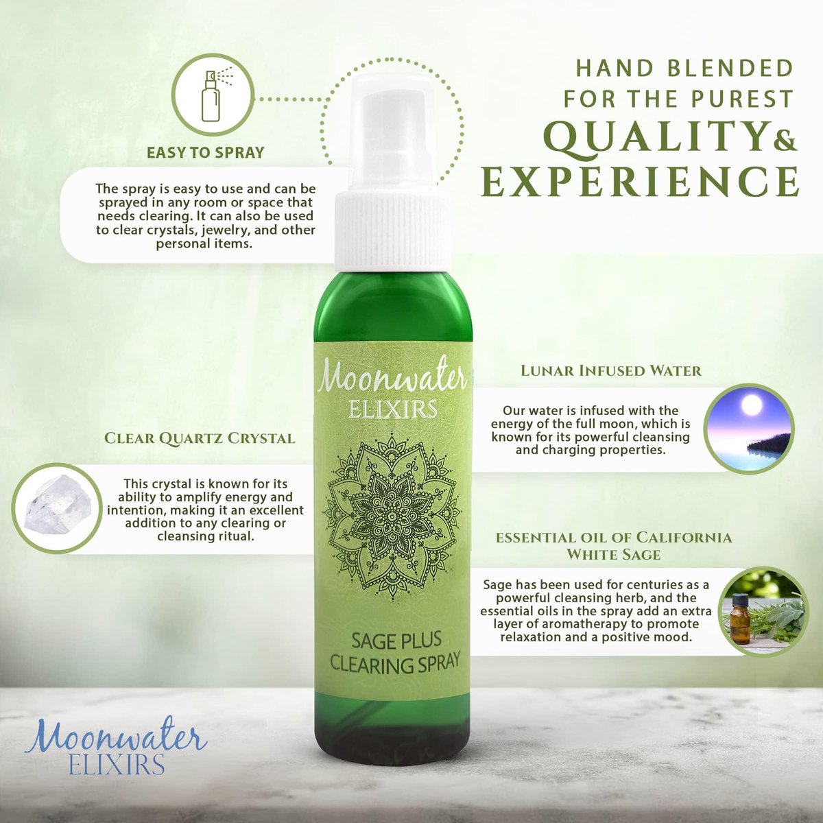 White Sage Smudge Spray für spirituelle Reinigung & Aura-Schutz – Salbeinebel zur Reinigung negativer Energie & Schutz, für Zuhause & Meditation, mit Bergkristall Reiki-energetisiertes Aromatherapie-Raumspray – 118 ml