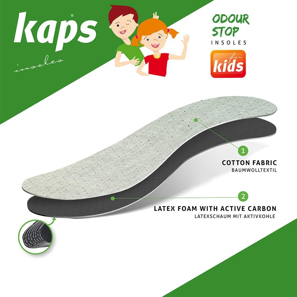 Kaps Odour Stop Kids Einlegesohlen - Antibakterielle Schuhsohlen für Kinder gegen schlechten Geruch - Atmungsaktiver Schaumstoff - Zuschneidbar - Hergestellt in Europa