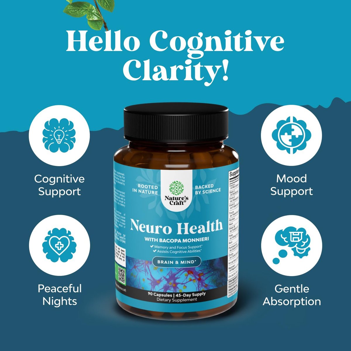 Nootropisches Gehirn-Supplement für Gedächtnis und Fokus - Vitamine für mentale Unterstützung und Klarheit mit Bacopa Monnieri, Vitamin A, B6, Riboflavin, Niacin, Thiamin und Folsäure - Kognitiver Komplex - 90 Kapseln
