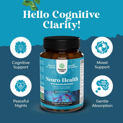 Nootropisches Gehirn-Supplement für Gedächtnis und Fokus - Vitamine für mentale Unterstützung und Klarheit mit Bacopa Monnieri, Vitamin A, B6, Riboflavin, Niacin, Thiamin und Folsäure - Kognitiver Komplex - 90 Kapseln