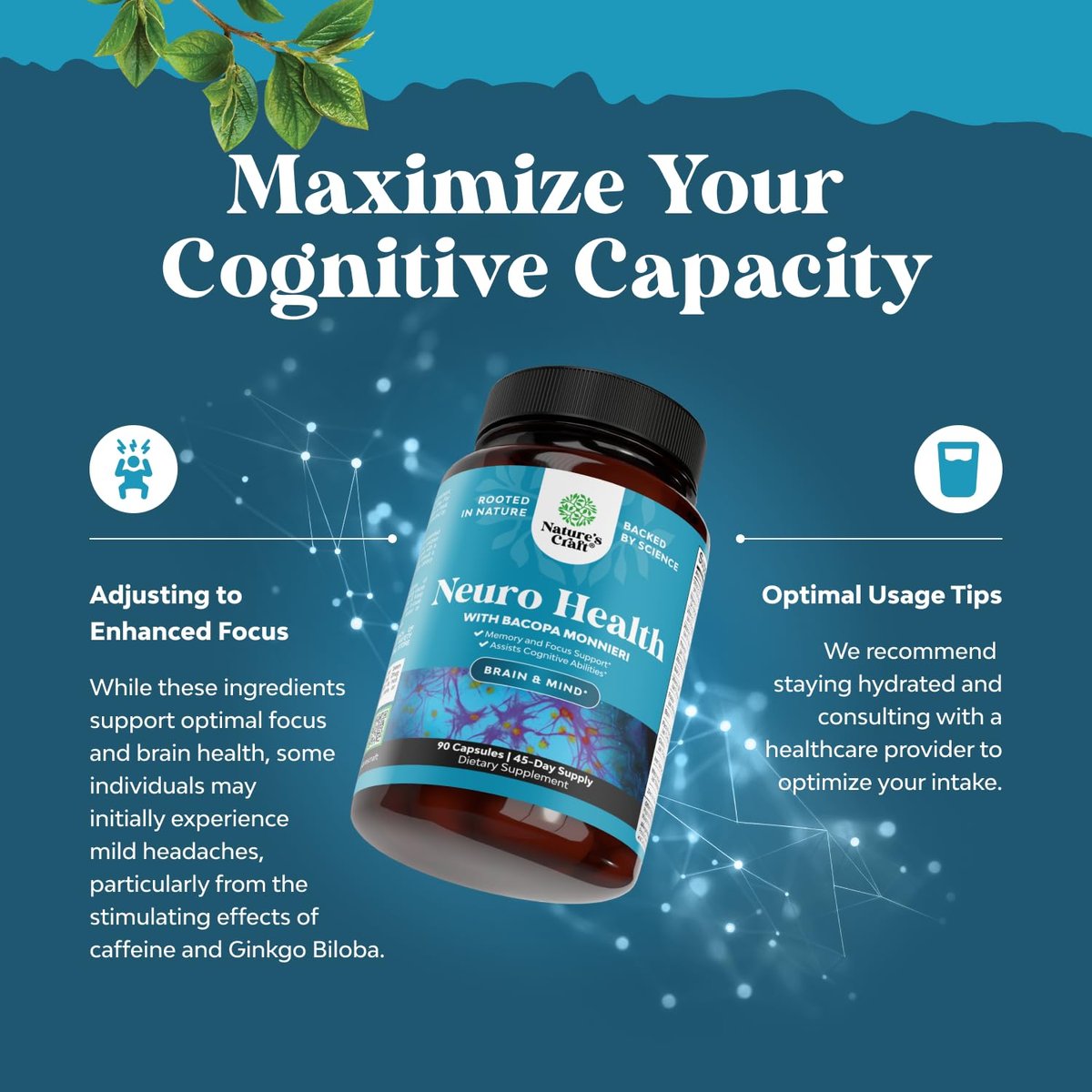Nootropisches Gehirn-Supplement für Gedächtnis und Fokus - Vitamine für mentale Unterstützung und Klarheit mit Bacopa Monnieri, Vitamin A, B6, Riboflavin, Niacin, Thiamin und Folsäure - Kognitiver Komplex - 90 Kapseln