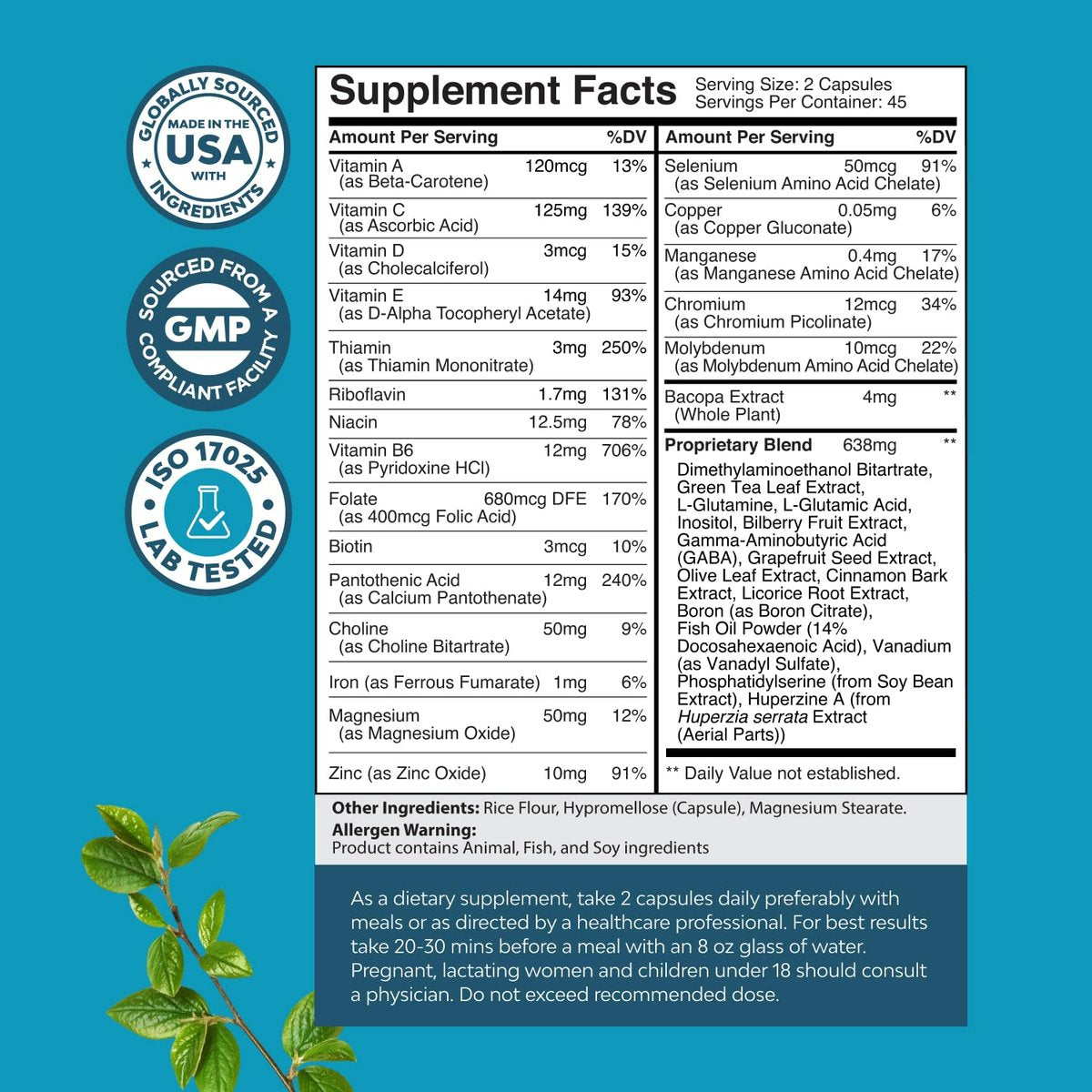 Nootropisches Gehirn-Supplement für Gedächtnis und Fokus - Vitamine für mentale Unterstützung und Klarheit mit Bacopa Monnieri, Vitamin A, B6, Riboflavin, Niacin, Thiamin und Folsäure - Kognitiver Komplex - 90 Kapseln