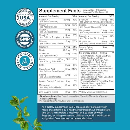 Nootropisches Gehirn-Supplement für Gedächtnis und Fokus - Vitamine für mentale Unterstützung und Klarheit mit Bacopa Monnieri, Vitamin A, B6, Riboflavin, Niacin, Thiamin und Folsäure - Kognitiver Komplex - 90 Kapseln