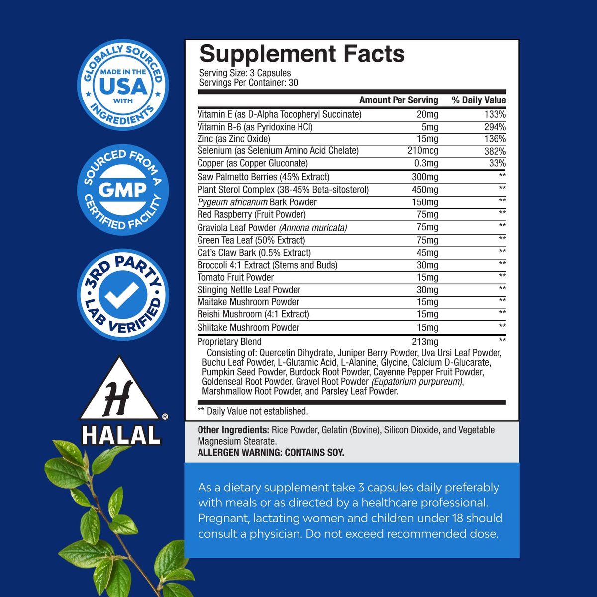 Herbal Prostatakomplex für Männer - Potenter Pygeum- und Sägepalmenextrakt zur Unterstützung der Harnwege - Prostata-Gesundheitsmischung mit Beta-Sitosterol & grünem Tee - Nächtlicher Komfort - 90 Kapseln