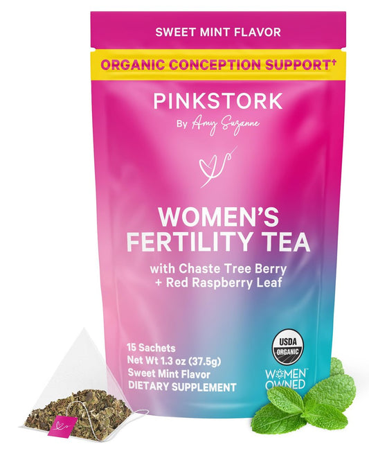 Pink Stork Bio-Fruchtbarkeitstee für Frauen | Hormonbalance Kräutertee mit Mönchspfeffer (Vitex) + Himbeerblättern | Koffeinfrei, Süßer Minzgeschmack, 15 Beutel