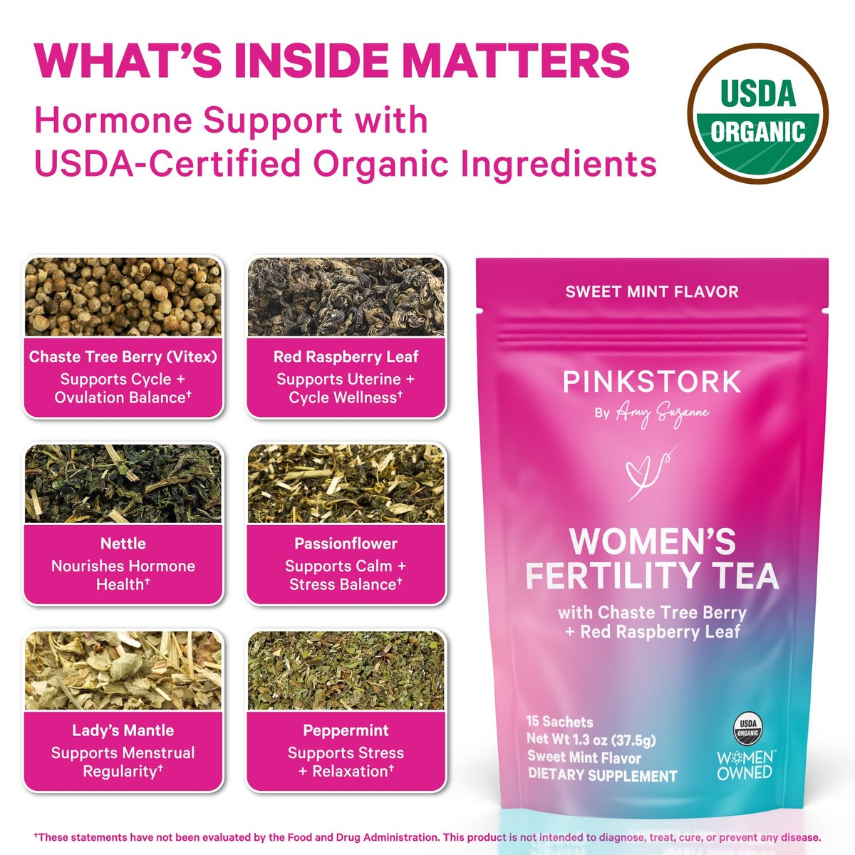 Pink Stork Bio-Fruchtbarkeitstee für Frauen | Hormonbalance Kräutertee mit Mönchspfeffer (Vitex) + Himbeerblättern | Koffeinfrei, Süßer Minzgeschmack, 15 Beutel