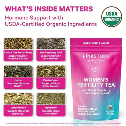 Pink Stork Bio-Fruchtbarkeitstee für Frauen | Hormonbalance Kräutertee mit Mönchspfeffer (Vitex) + Himbeerblättern | Koffeinfrei, Süßer Minzgeschmack, 15 Beutel