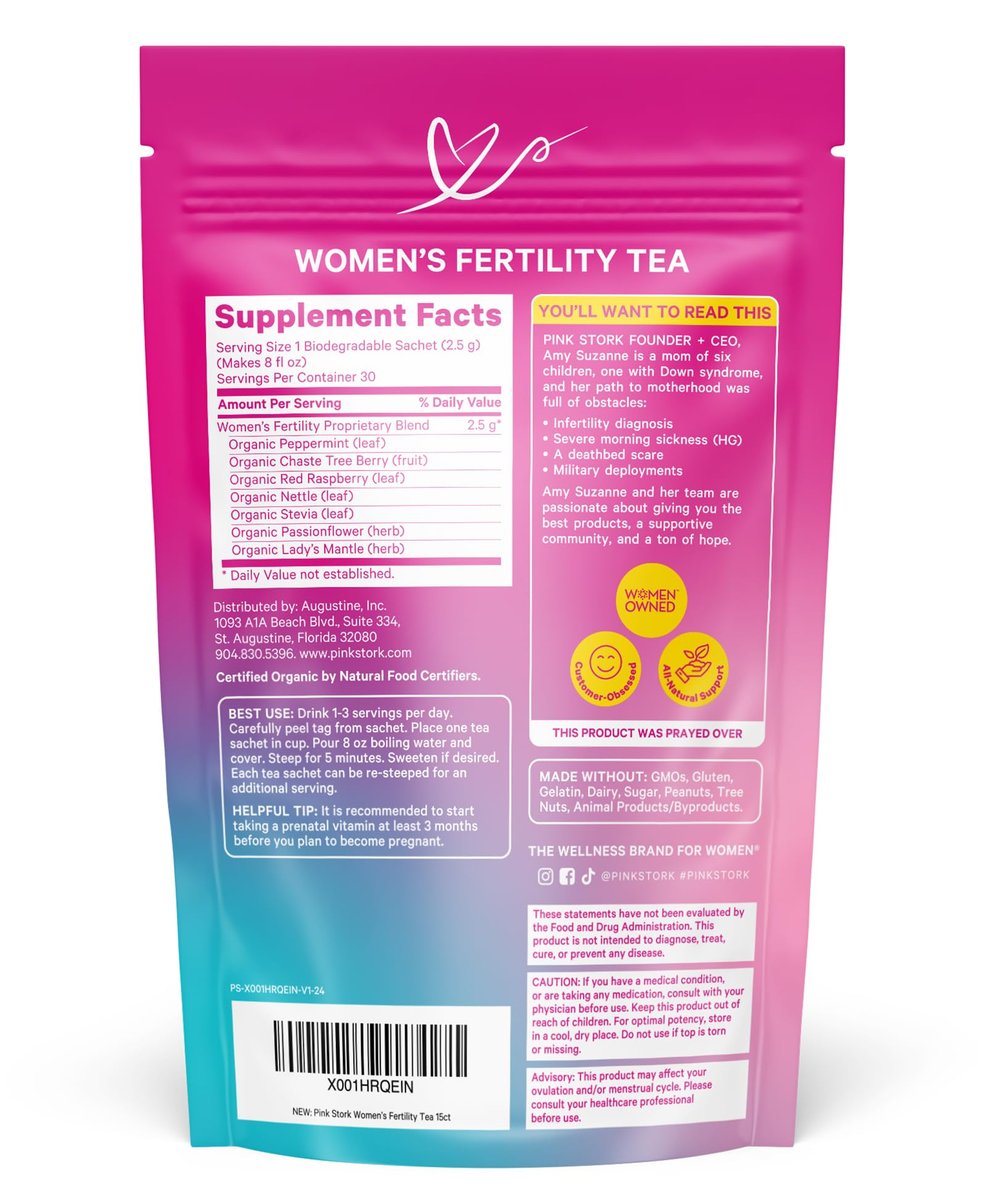 Pink Stork Bio-Fruchtbarkeitstee für Frauen | Hormonbalance Kräutertee mit Mönchspfeffer (Vitex) + Himbeerblättern | Koffeinfrei, Süßer Minzgeschmack, 15 Beutel