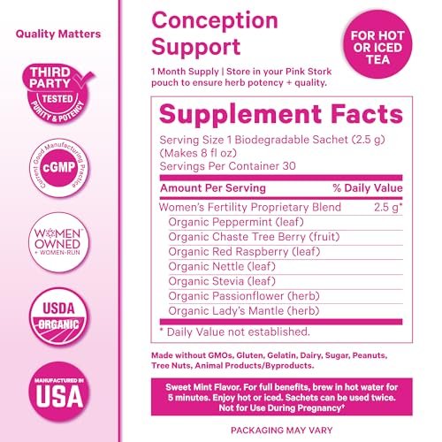 Pink Stork Bio-Fruchtbarkeitstee für Frauen | Hormonbalance Kräutertee mit Mönchspfeffer (Vitex) + Himbeerblättern | Koffeinfrei, Süßer Minzgeschmack, 15 Beutel