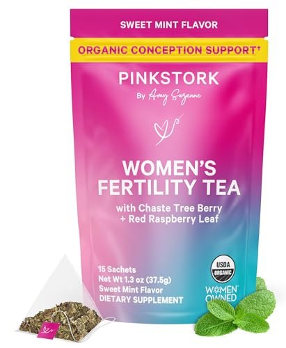 Pink Stork Bio-Fruchtbarkeitstee für Frauen | Hormonbalance Kräutertee mit Mönchspfeffer (Vitex) + Himbeerblättern | Koffeinfrei, Süßer Minzgeschmack, 15 Beutel