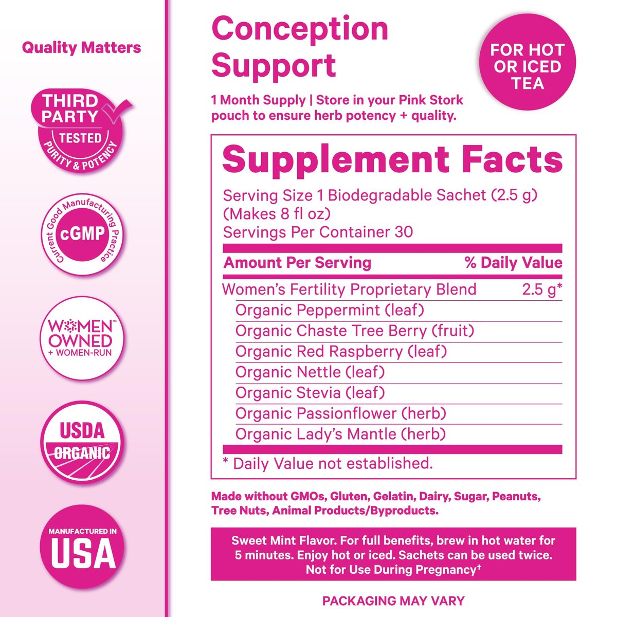 Pink Stork Bio-Fruchtbarkeitstee für Frauen | Hormonbalance Kräutertee mit Mönchspfeffer (Vitex) + Himbeerblättern | Koffeinfrei, Süßer Minzgeschmack, 15 Beutel