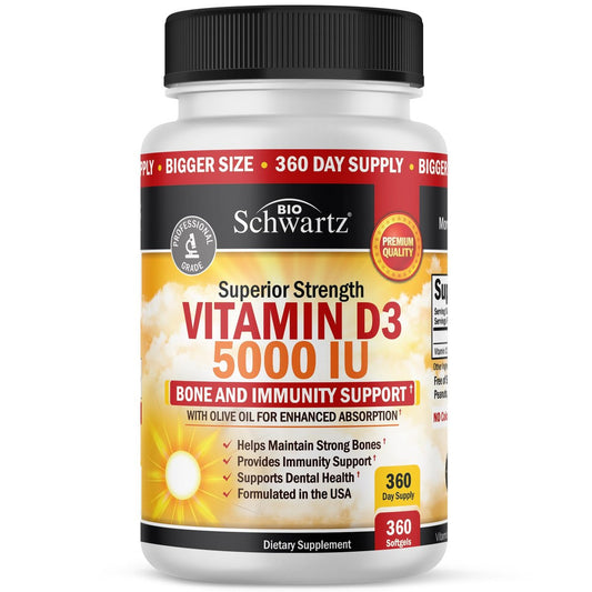 Vitamin D3 5000 IE (125 mcg) – Natürliches Immunsystem, Knochenstärke & Muskelgesundheit – mit Olivenöl für höchste Aufnahme – Glutenfrei & Nicht-GVO – 360 Kapseln (1 Jahresvorrat)