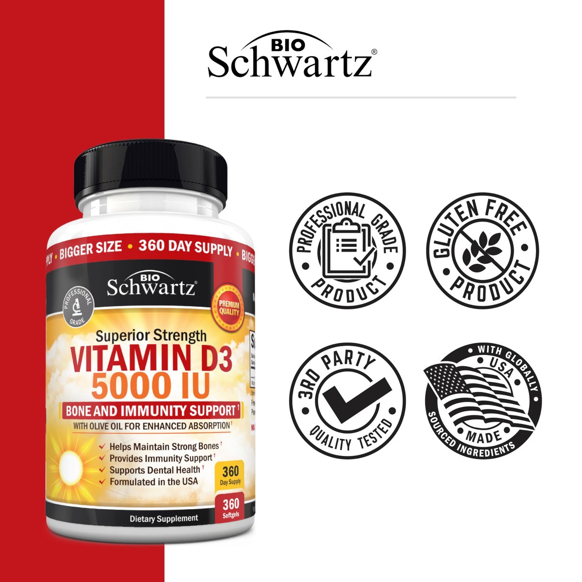 Vitamin D3 5000 IE (125 mcg) – Natürliches Immunsystem, Knochenstärke & Muskelgesundheit – mit Olivenöl für höchste Aufnahme – Glutenfrei & Nicht-GVO – 360 Kapseln (1 Jahresvorrat)