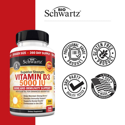 Vitamin D3 5000 IE (125 mcg) – Natürliches Immunsystem, Knochenstärke & Muskelgesundheit – mit Olivenöl für höchste Aufnahme – Glutenfrei & Nicht-GVO – 360 Kapseln (1 Jahresvorrat)